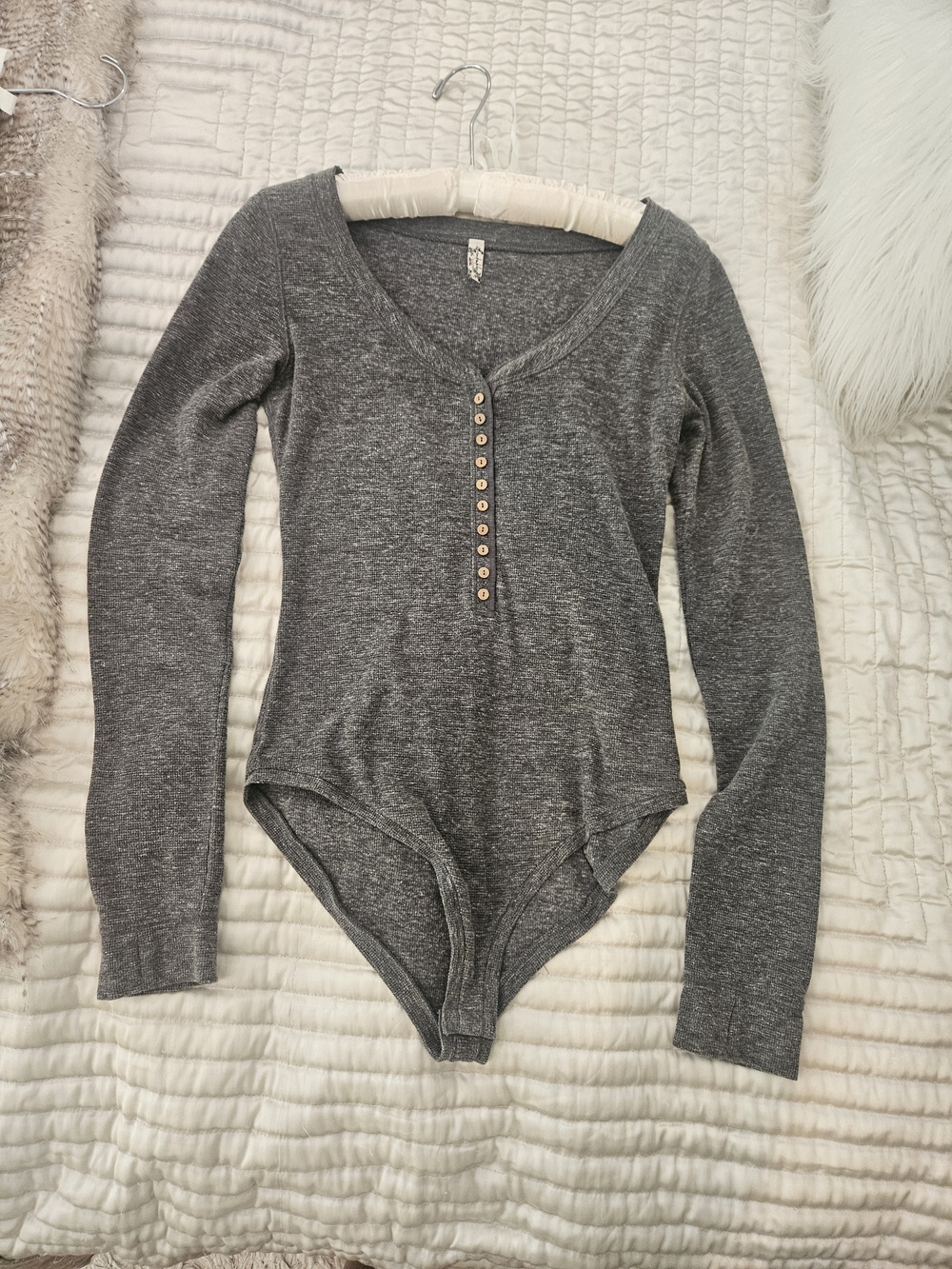 Free People Heather Gray Long Sleeve Henley Bodysuit